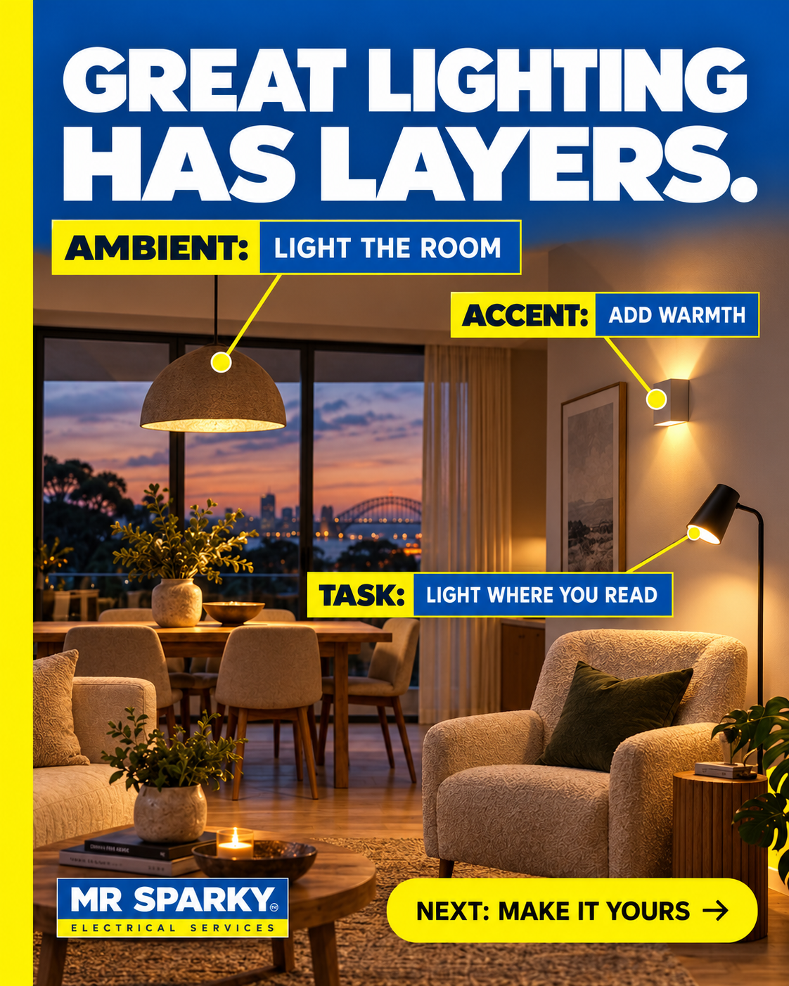 Great lighting has layers. Ambient: light the room. Task: light where you read. Accent: add warmth.